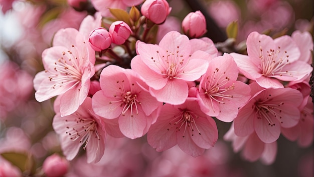 a close up of pink flowers on a tree