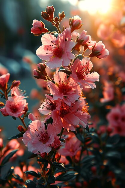 彼らの後ろに太陽があるピンクの花のクローズアップ