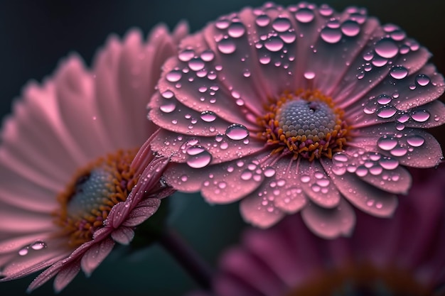 A close up of pink flowers with water droplets on them