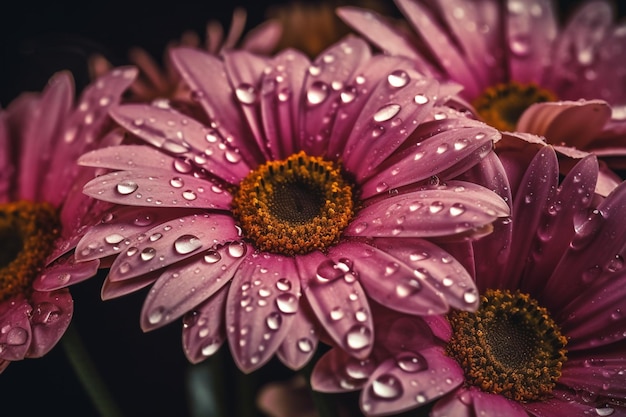 A close up of pink flowers with water droplets on them