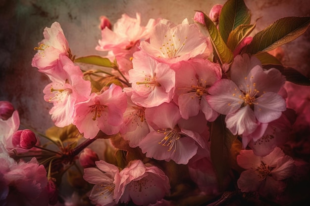 A close up of pink flowers with the word cherry on the bottom