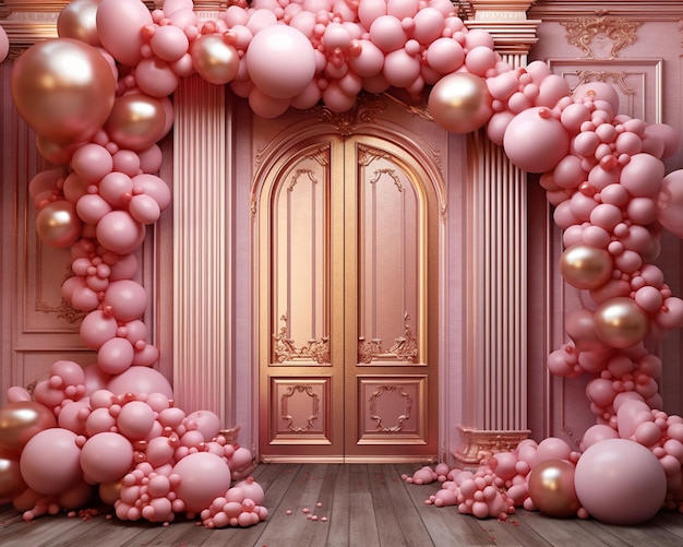 A close up of a pink and gold balloon arch with gold balloons generative ai