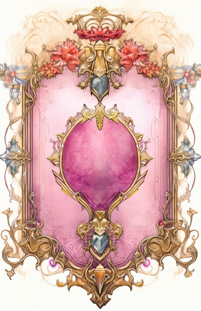 A close up of a pink and gold frame with flowers generative ai