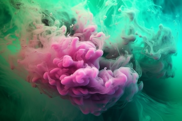 A close up of a pink and green substance in water generative ai