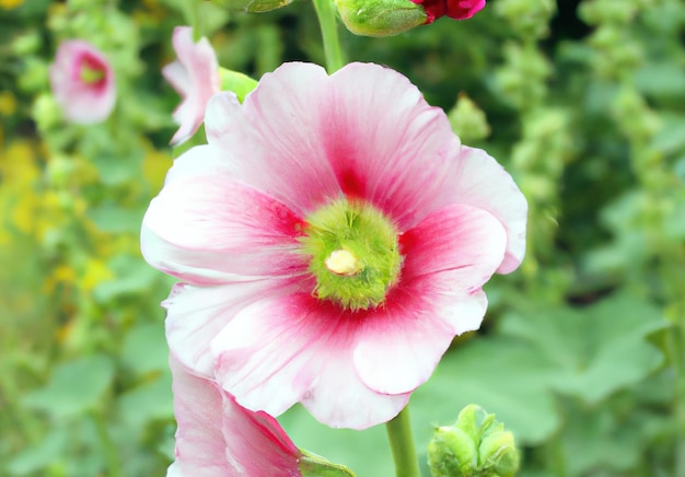 Close up of pink hollyhock flowers over leaves created using generative ai technology