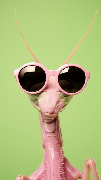 A Close Up of a Pink Insect Wearing Sunglasses