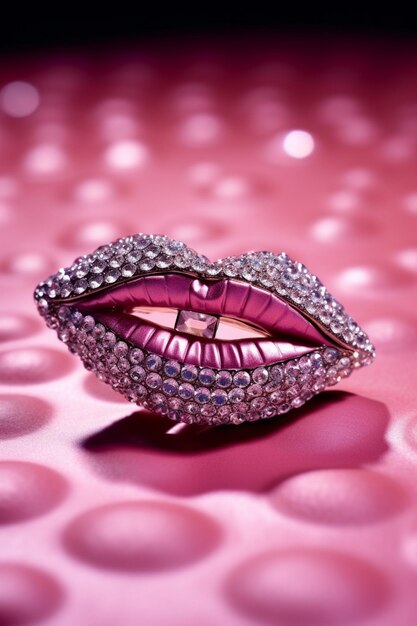 A close up of a pink lipstick with a diamond ring on it generative ai