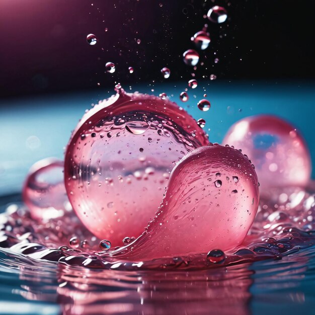 Foto un primo piano di una palla liquida rosa su una superficie d'acqua con uno spruzzo d'acqua su di essa e un backg blu