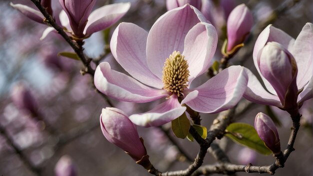 Close up of pink magnolia flowers in bloom