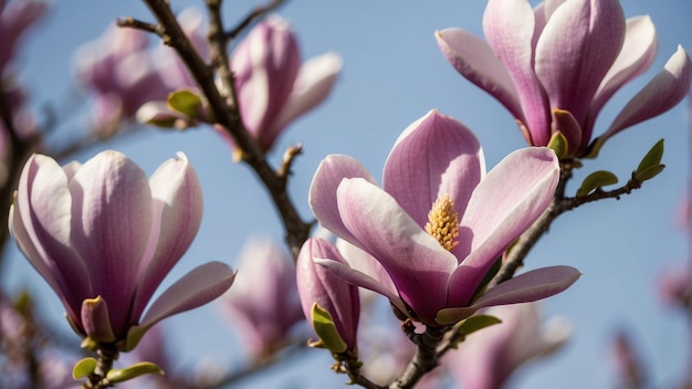 Close up of pink magnolia flowers in bloom