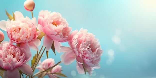 Close up of Pink Peonies Flowers with Blue Sky View Generative AI