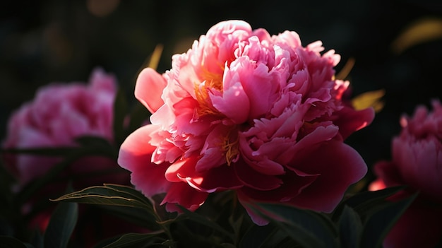 A close up of a pink peony flower