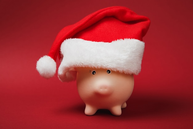 Close up of pink piggy money bank with Christmas hat isolated on bright red background. Money accumulation, investment, banking or business services, wealth concept. Copy space advertising mock up.