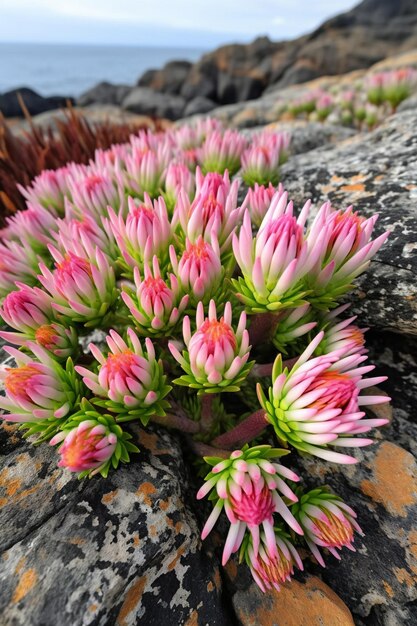 Close up of pink protea flowers blooming on a rock