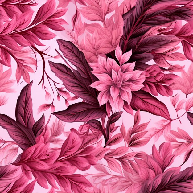 A close up of a pink and red floral pattern with leaves generative ai