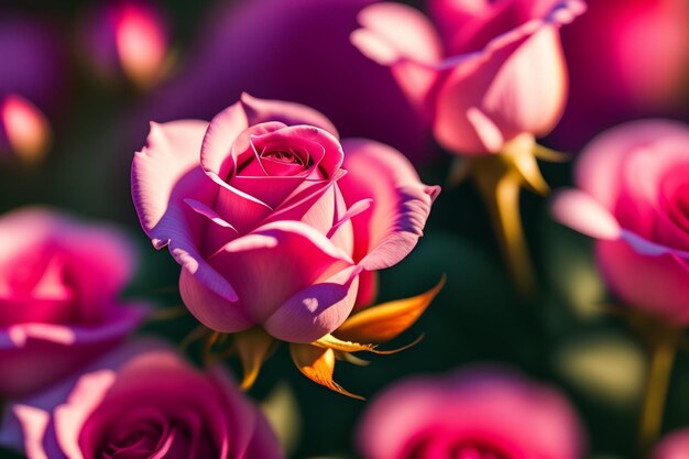Крупный план куста розовых роз со словом "любовь" на нем.