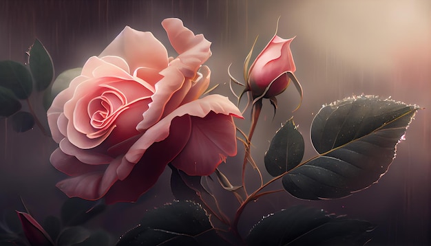 A close up of a pink rose on a dark background generative AI