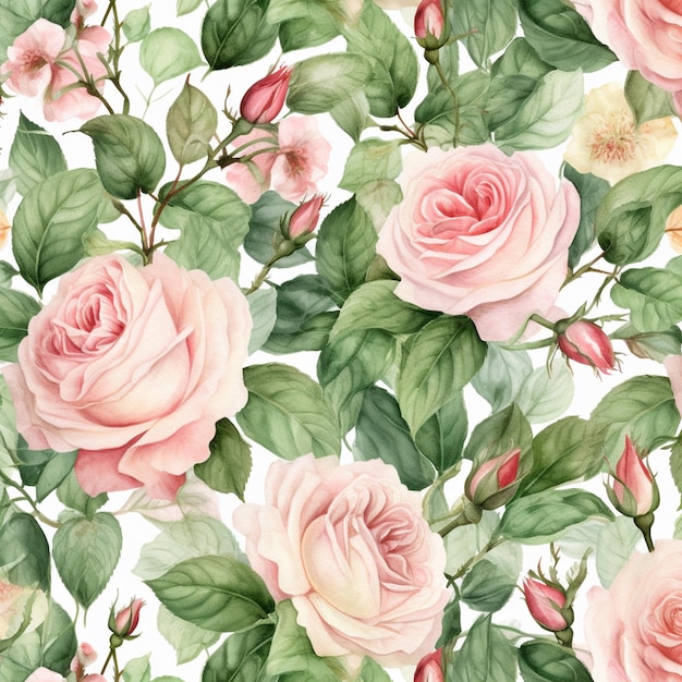Крупный план розового цветка розы с зелеными листьями, генерирующий ай