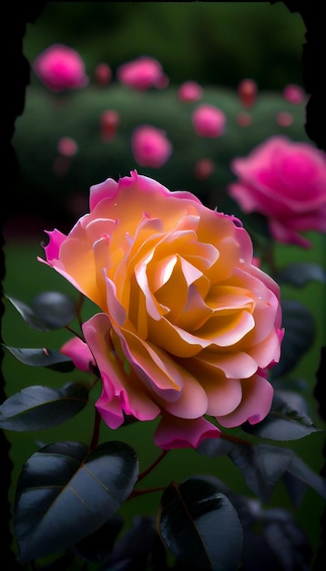 Close up of a pink rose with green leaves generative ai