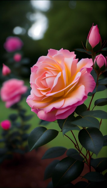 Close up of a pink rose with green leaves generative ai