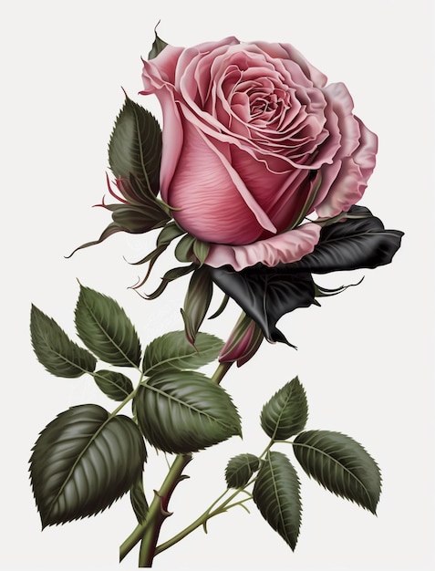 a close up of a pink rose with green leaves on a white background generative ai