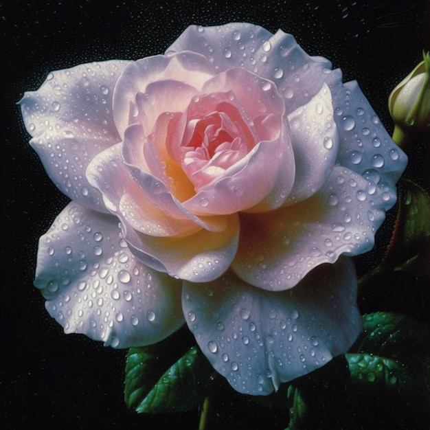 a close up of a pink rose with water droplets on it generative ai