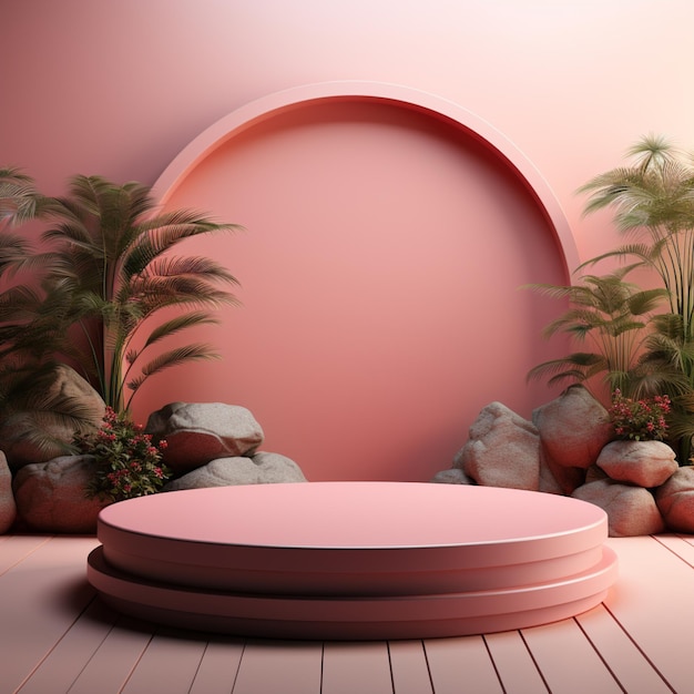 a close up of a pink round platform with palm trees in the background generative ai