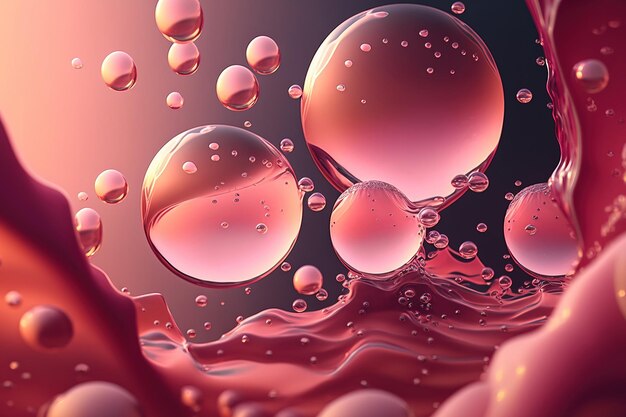 Close up of a pink transparent peaceful and bubble filled water surface