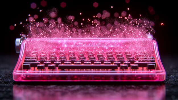 Close up of a pink typewriter with bokeh lights