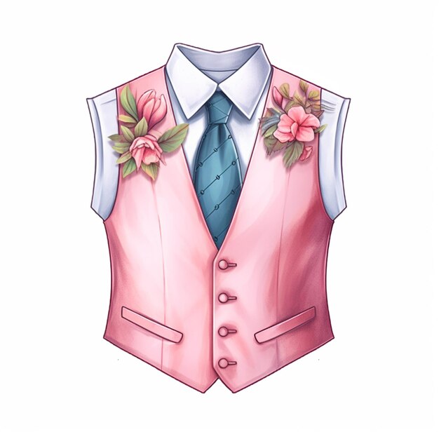 A close up of a pink vest with a blue tie and flowers generative ai