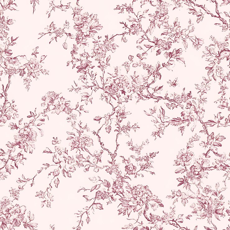 a close up of a pink and white floral wallpaper with a bird