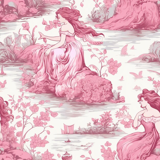 A close up of a pink and white wallpaper with a woman sitting on a rock generative ai