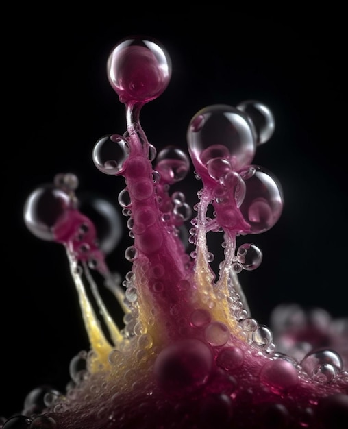 Un primo piano di un liquido rosa e giallo con la parola 