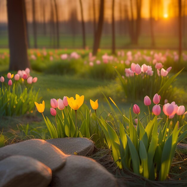 Close up of a pink and yellow tulips spring sunset landscape