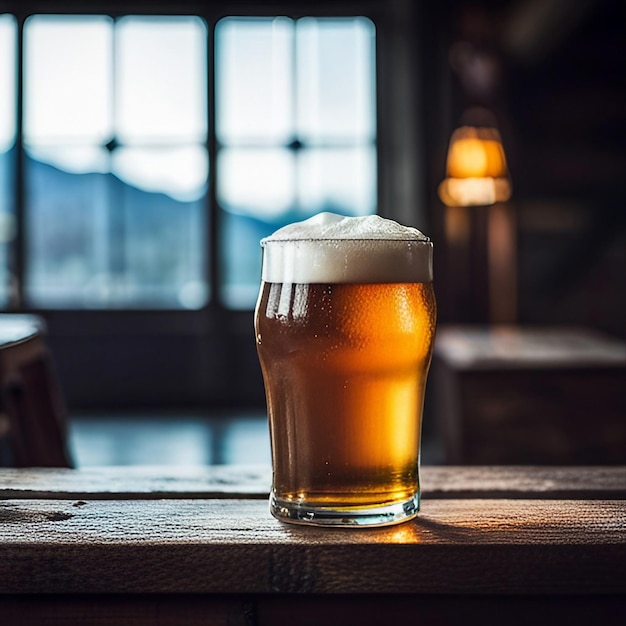 Close up a pint of beer on retro vintage wood table in a rustic setting created with generative AI technology