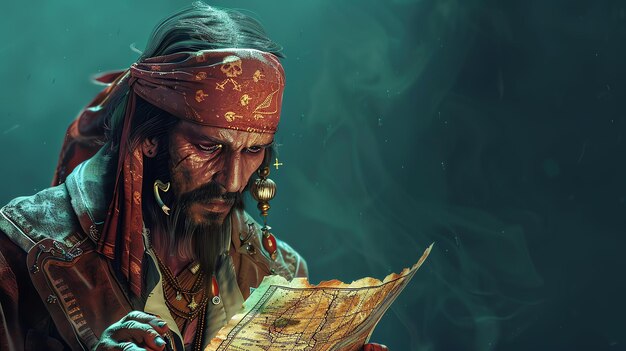 Photo a close up of a pirate reading a map he is wearing a red bandana and has a beard he is looking at the map with a determined expression