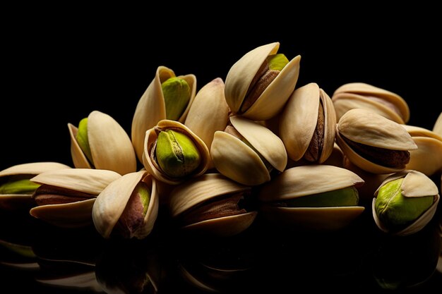 close up pistachios on black background