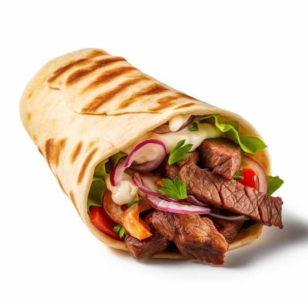 A close up of a pita filled with meat and vegetables generative ai