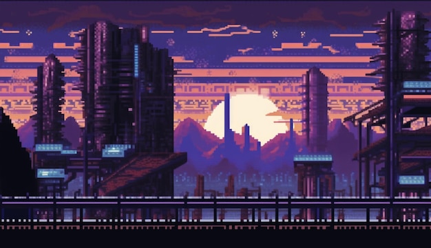 A close up of a pixel city with a person standing on a bridge generative ai