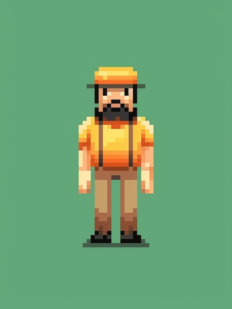 a close up of a pixel pixel man with a hat and suspenders generative ai