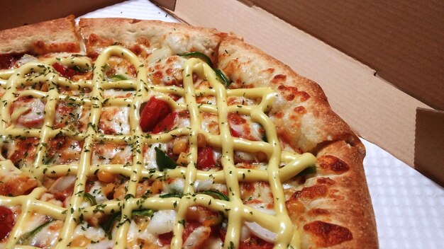 Close-up of pizza in box