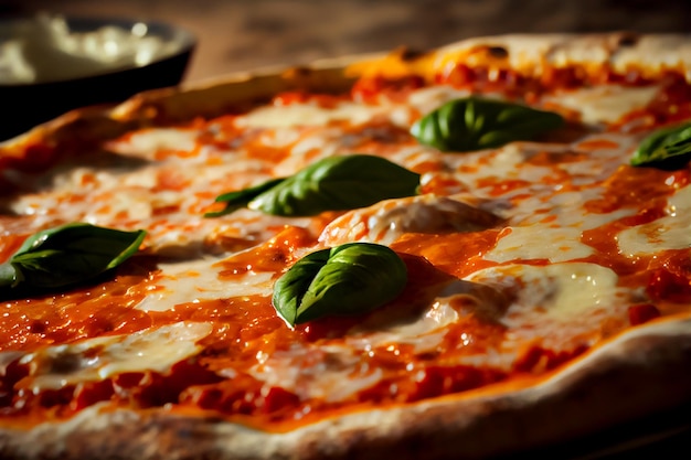 Foto close-up pizza margherita met mozarella en verse basilicum