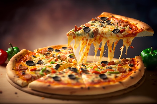 Close up of pizza with cheese and olives Generative AI