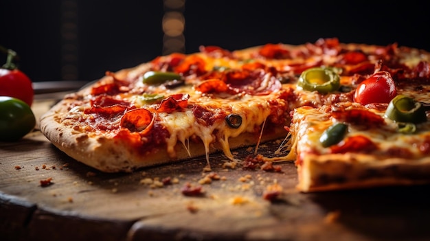 close up of pizza on wooden board