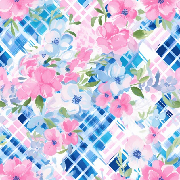 a close up of a plaid and floral pattern with pink flowers generative ai