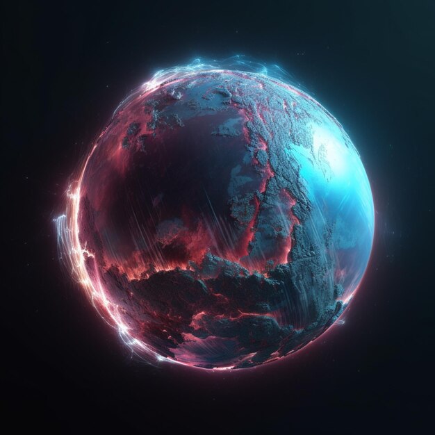 A close up of a planet with a bright blue and red glow generative ai