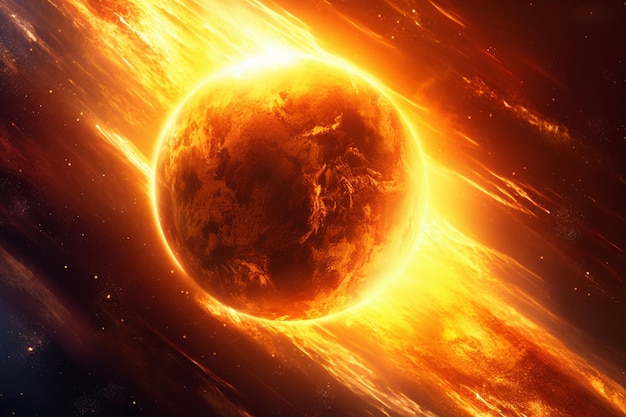 Foto un primo piano di un pianeta con un sole arancione brillante sullo sfondo ai generativo