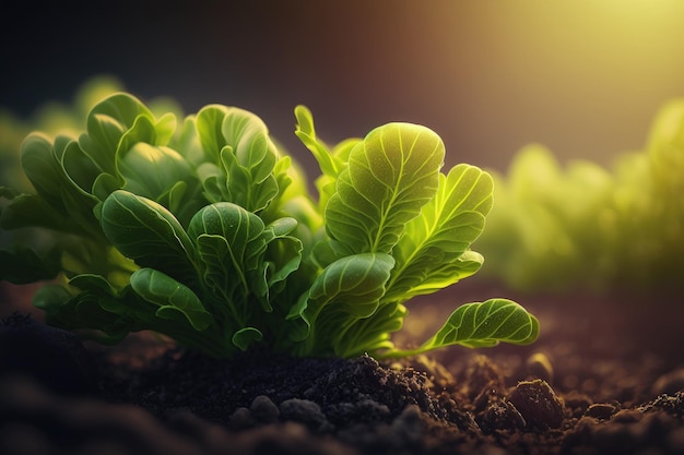 汚れを生成する AI で成長する植物のクローズ アップ