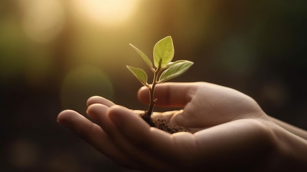 Close Up Plant in male Hands Care of the Environment Ecology concept Generative AI