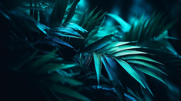 배경에 푸른 빛이 있는 식물 클로즈업 Generative AI